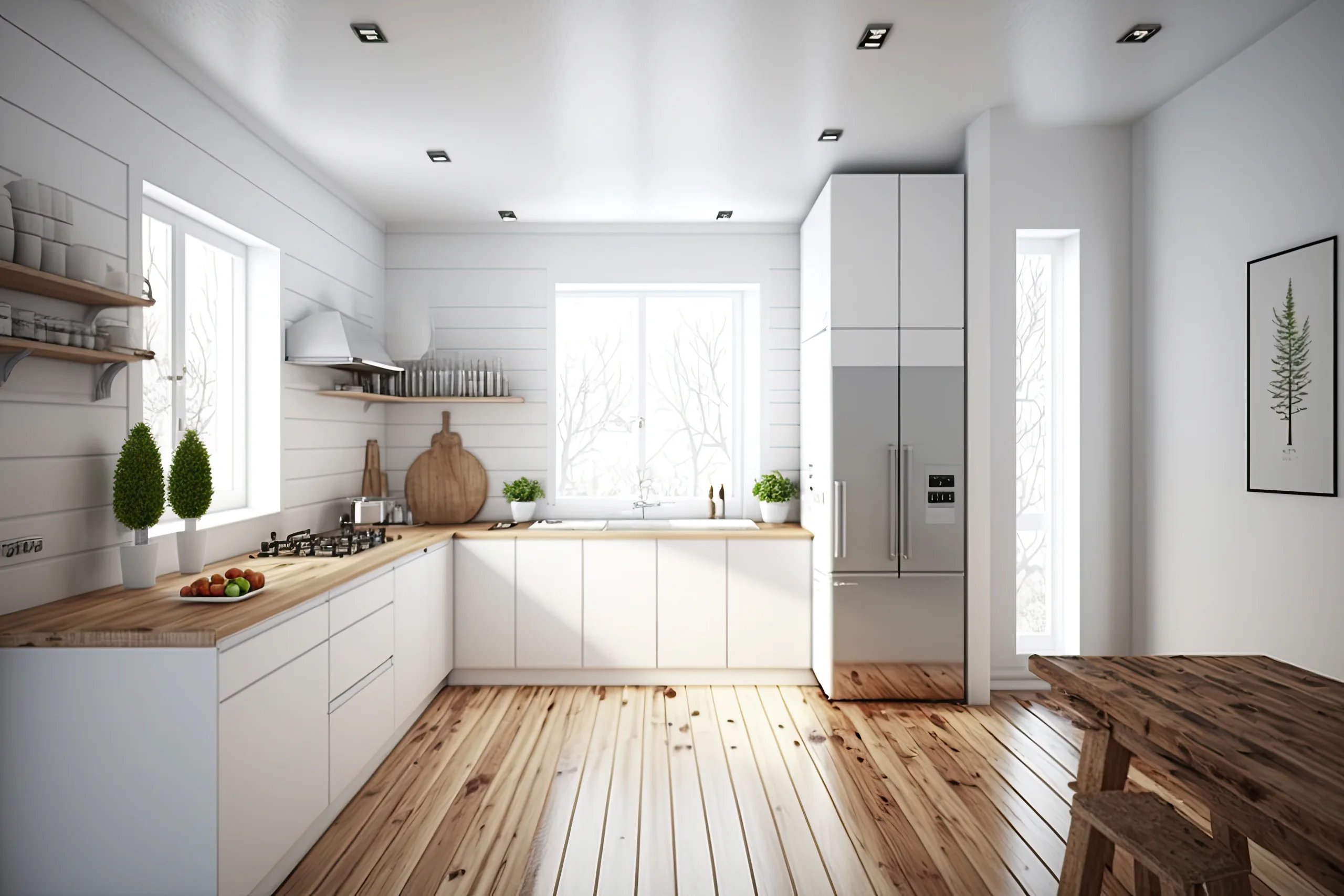 A modern remodeled kitchen featuring white cabinetry, natural wood countertops, open shelving, and a spacious layout with ample natural light.