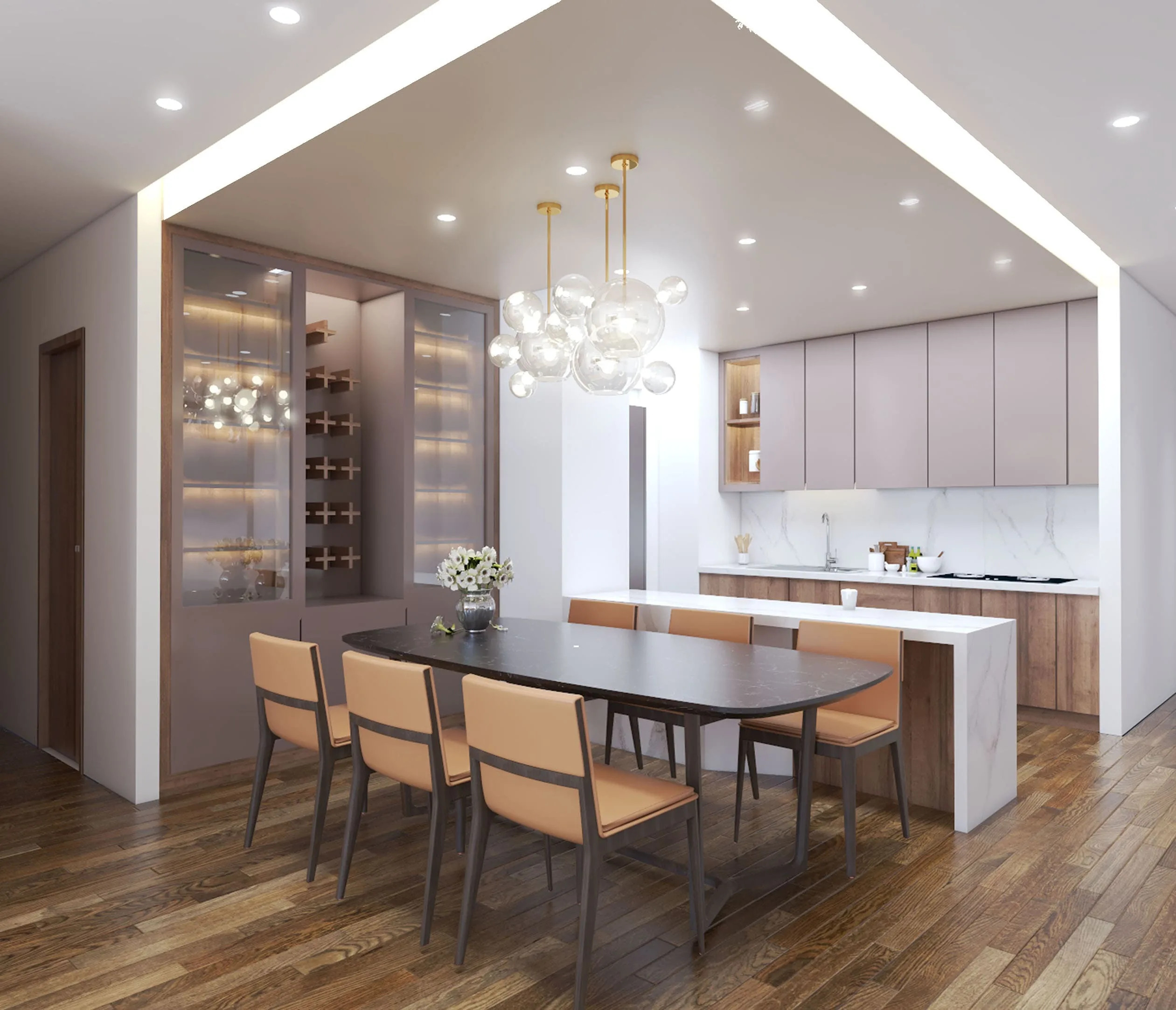 A remodeled kitchen and dining area featuring soft beige cabinetry, a sleek dining table with tan chairs, wooden floors, and a statement chandelier.