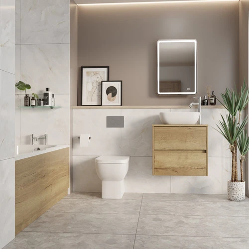 A sleek bathroom with wooden vanity, gray tiles, and modern bathroom accessories sets.