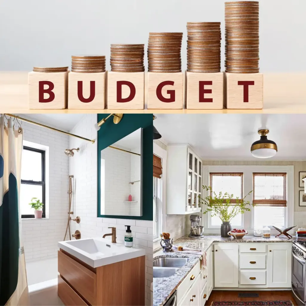 A split image displaying a budget breakdown for a kitchen and bathroom remodel, showcasing cost considerations for each space.