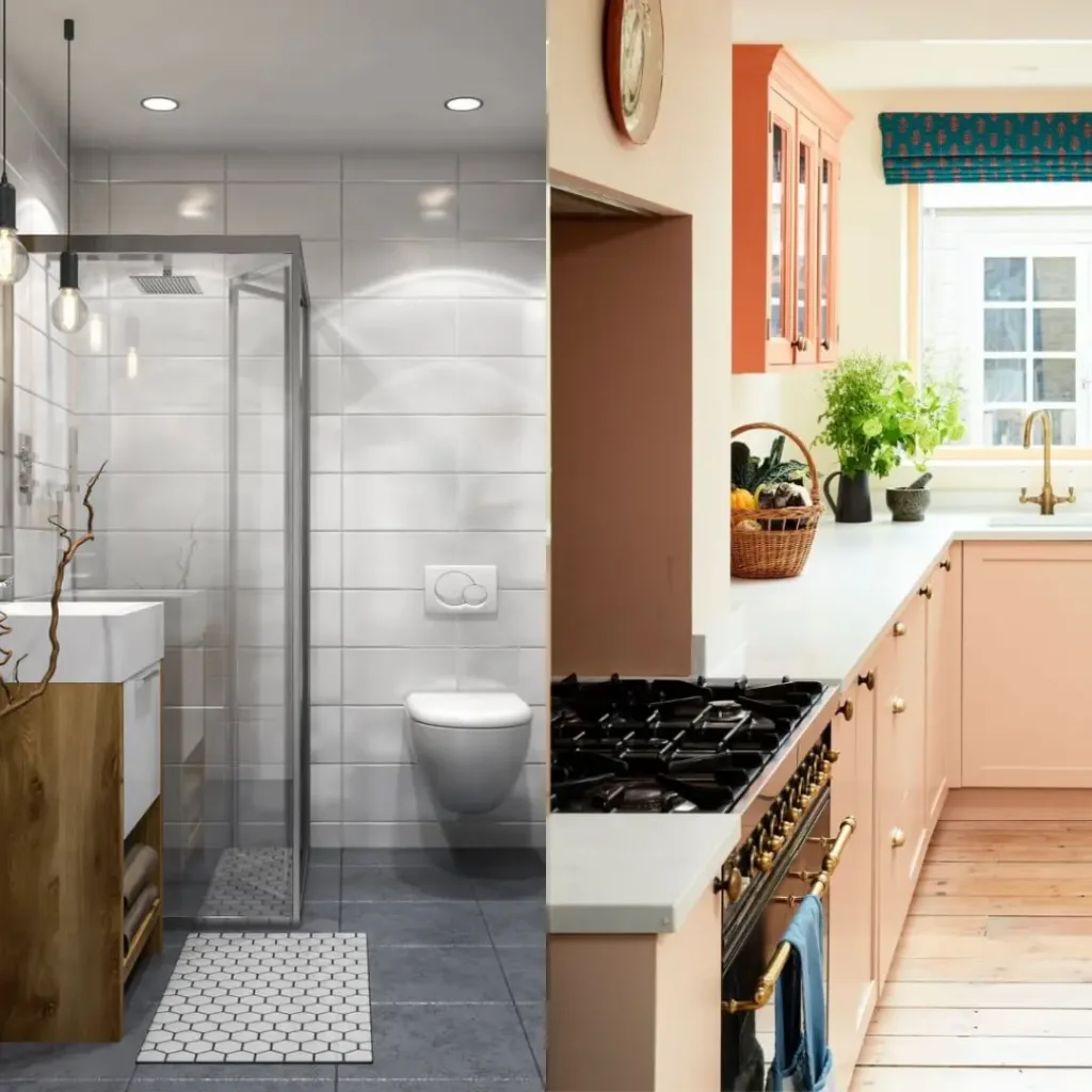 A split image showing a modern, minimalist kitchen with apricot cabinets and a sleek bathroom with white vanities and gray tile floors.