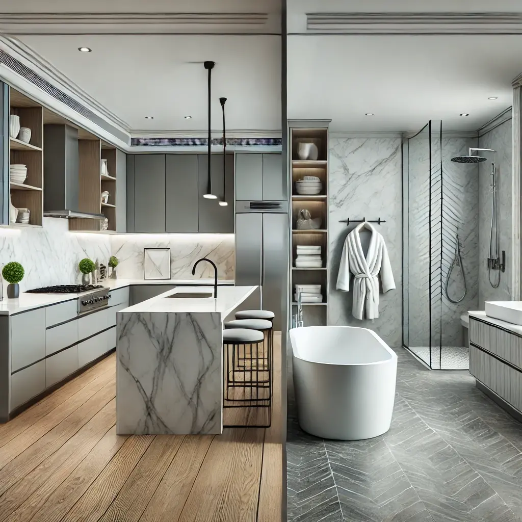 Split layout image of a modern kitchen with marble countertops and a contemporary bathroom with a freestanding bathtub, designed by Argon Construction.