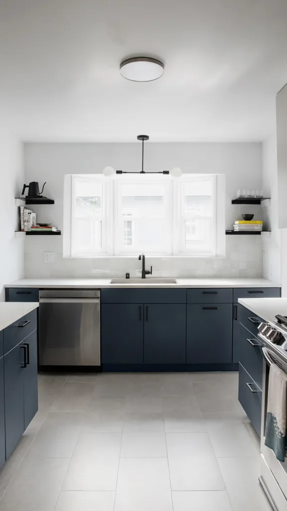 Modern kitchen with dark blue cabinets, white countertops, and open shelving