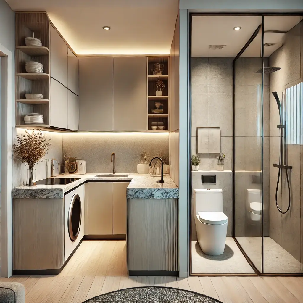 A split image displaying a modern, minimalist kitchen and bathroom with sleek lines and contemporary fixtures.